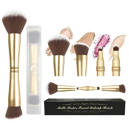Voxora 4 in 1 Makeup Brush Set - All in One Powder/Blush, Foundation, Blending & Eyeshadow Brushes, Compact & Travel Essential