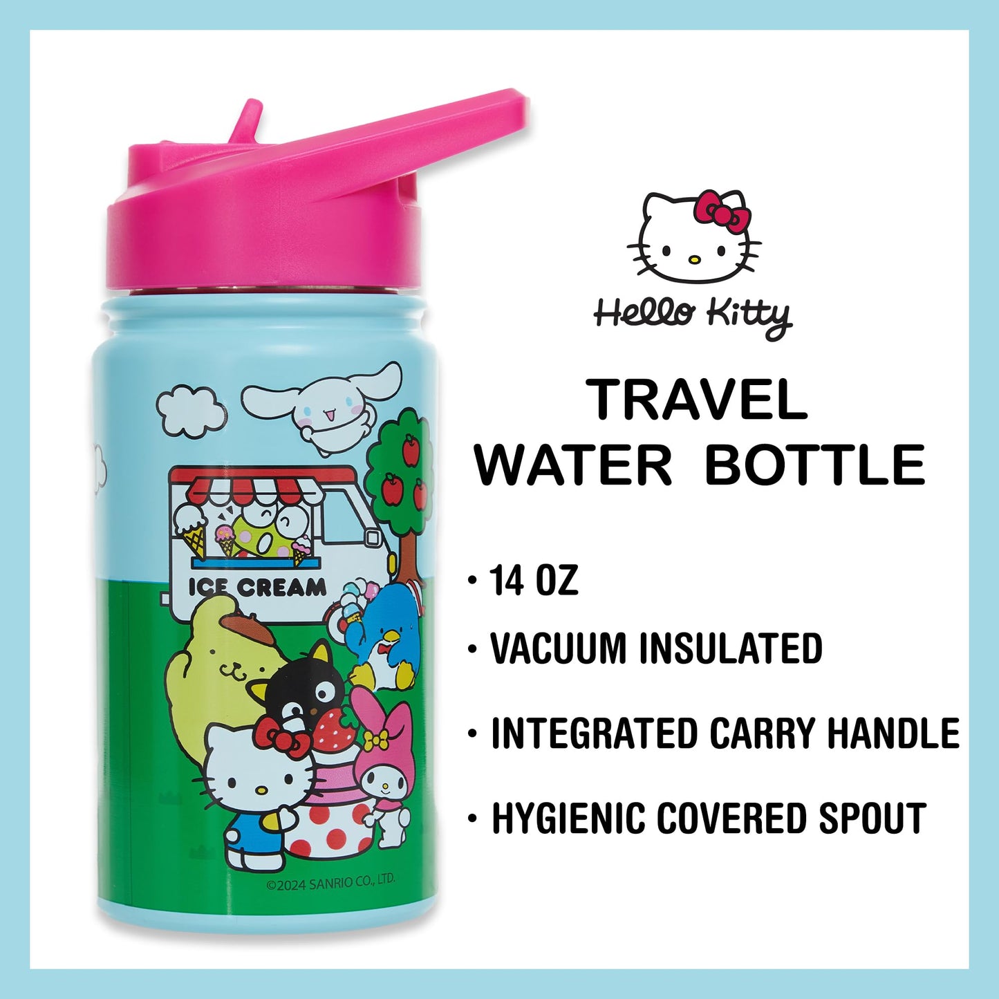 Hello Kitty 14 OZ Water Bottle - Hello Kitty, My Melody, Keroppi- Travel Water Bottle With Built in Straw - Official Sanrio Merchandise