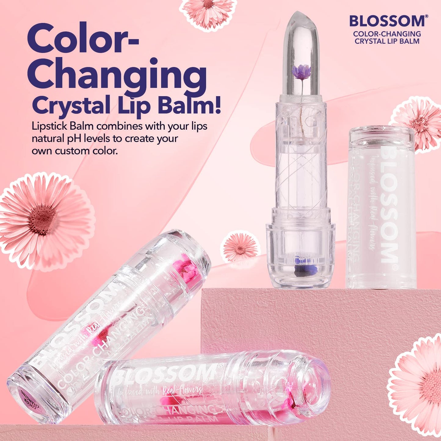 Blossom Moisturizing Scented pH Color Changing Crystal Lip Balm Strawberry Scented Lip Stain Tint, Mini Coconut Rollon Scented Lip Gloss, Infused