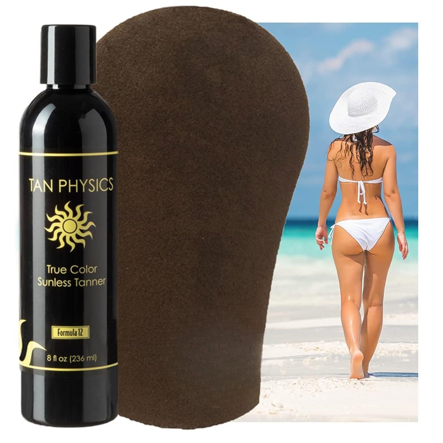 Tan Physics Sunless Tanner 8oz with Tanning Mitt - Self Tanning Lotion - Instant Tan Lotion for Face & Body - Natural Self Tanner for a Streak-Free