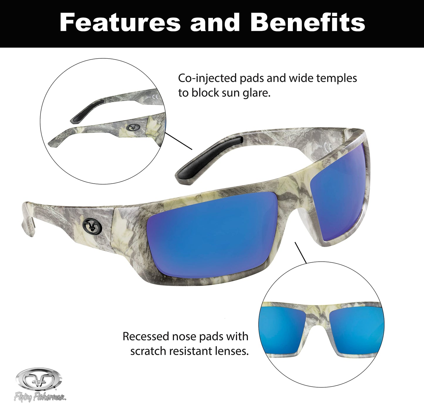 Flying Fisherman Sargasso Wrap Around Polarized Sunglasses, Matte Camo Frame/Smoke-Blue Mirror Lens, Medium