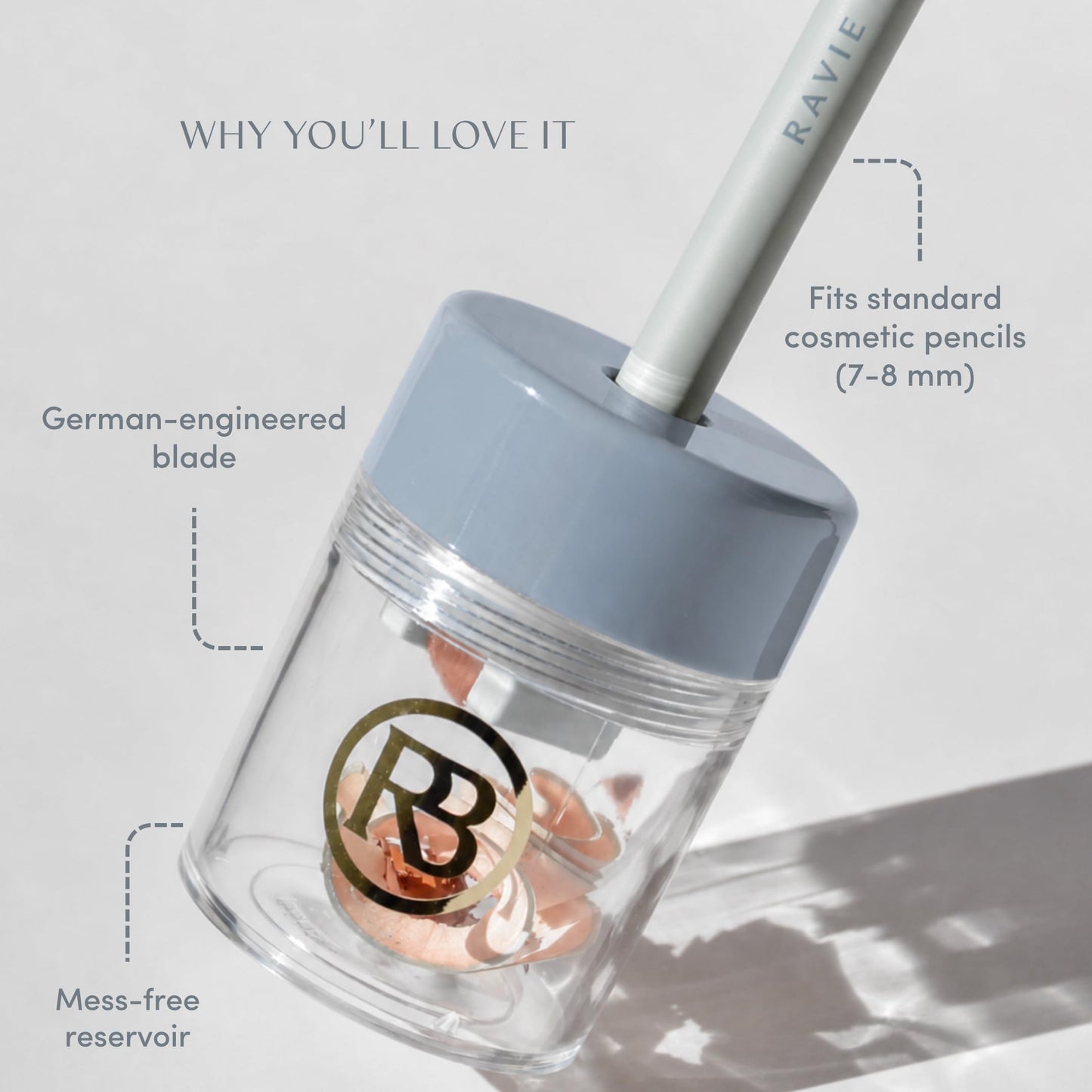 Ravie Beauty Lip and Eye Liner Pencil Sharpener with German Blade and Mess Free Reservoir for Smooth Precise Tips, Travel Friendly for Standard Makeup Beauty and Personal Care Ravie Beauty