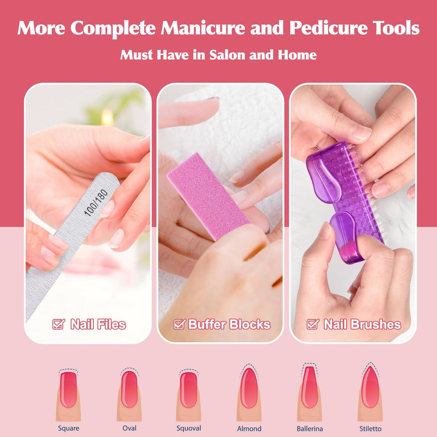 MORGLES Nail Files and Buffers, Natural and Acrylic Nail Care Kit, 6 Pcs 100/180 Grit File, 6 Pcs Rectangular Buffer Blocks and 2 Brushes