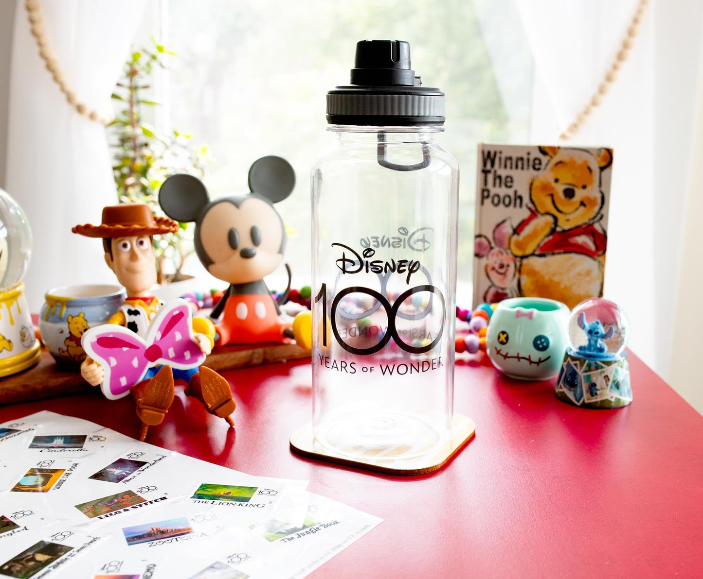 Disney 100 Years of Wonder Twist Spout Plastic Water Bottle Jug and Sticker Set For Personalizing | Holds 32 Ounces