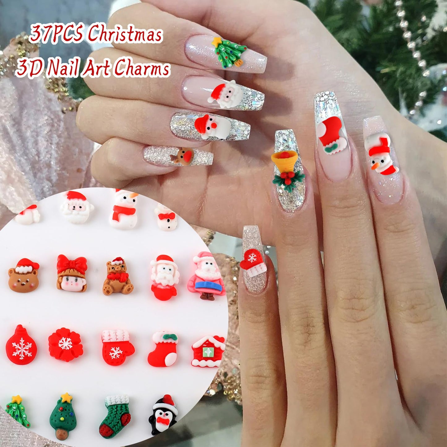 37PCS Christmas Nail Art Charms - Mixed 3D Resin Charms with Santa Claus, Elk, Xmas Tree, Gloves, Bells, Snowman Designs