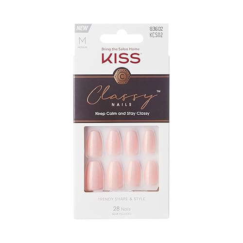 KISS Classy French Nail Manicure Kit with Gel Finish,Medium,Coffin Shaped,Includes Pink Nail Glue (Net Wt. 2 g / 0.07oz.),Mini Nail File,Manicure