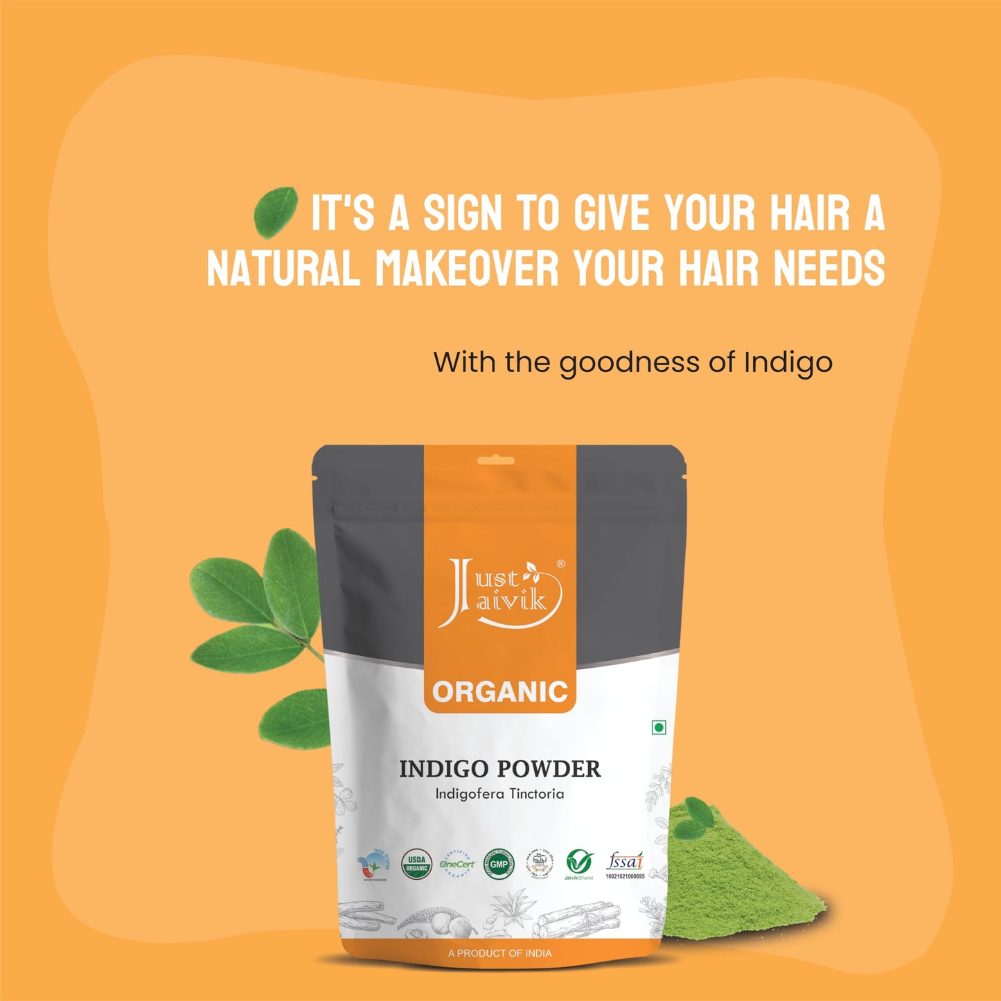 Just Jaivik 100% Organic Indigo Powder - 227 gms / 1/2 LB Pound / 08 Oz - Indigofera Tinctoria- A 100% Organic Hair Dye - Color your hair dark brown