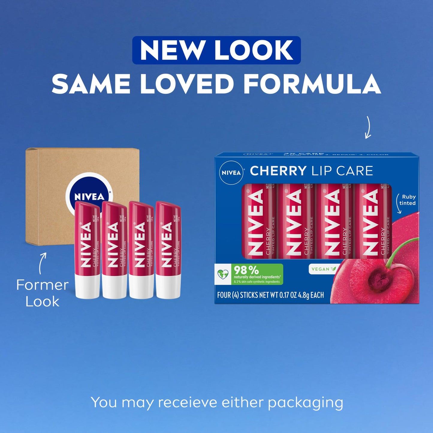 NIVEA Cherry Lip Care, Ruby Tinted Lip Balm Pack with Shea Butter, Nourishing Oils and Vitamin C & E, 3-in-1 Moisture, Repair and Color, 0.17 Oz