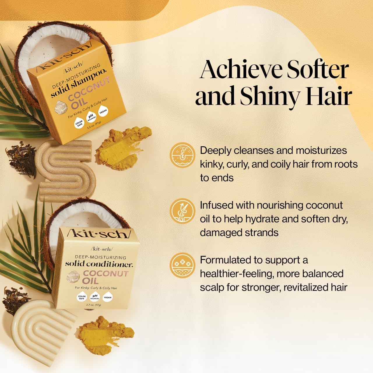 Kitsch Coconut Oil Shampoo and Conditioner Set - Deep Moisturizing Shampoo and Conditioner Bar for Dry Damaged Hair - Hydrating Solid Bars for Curly