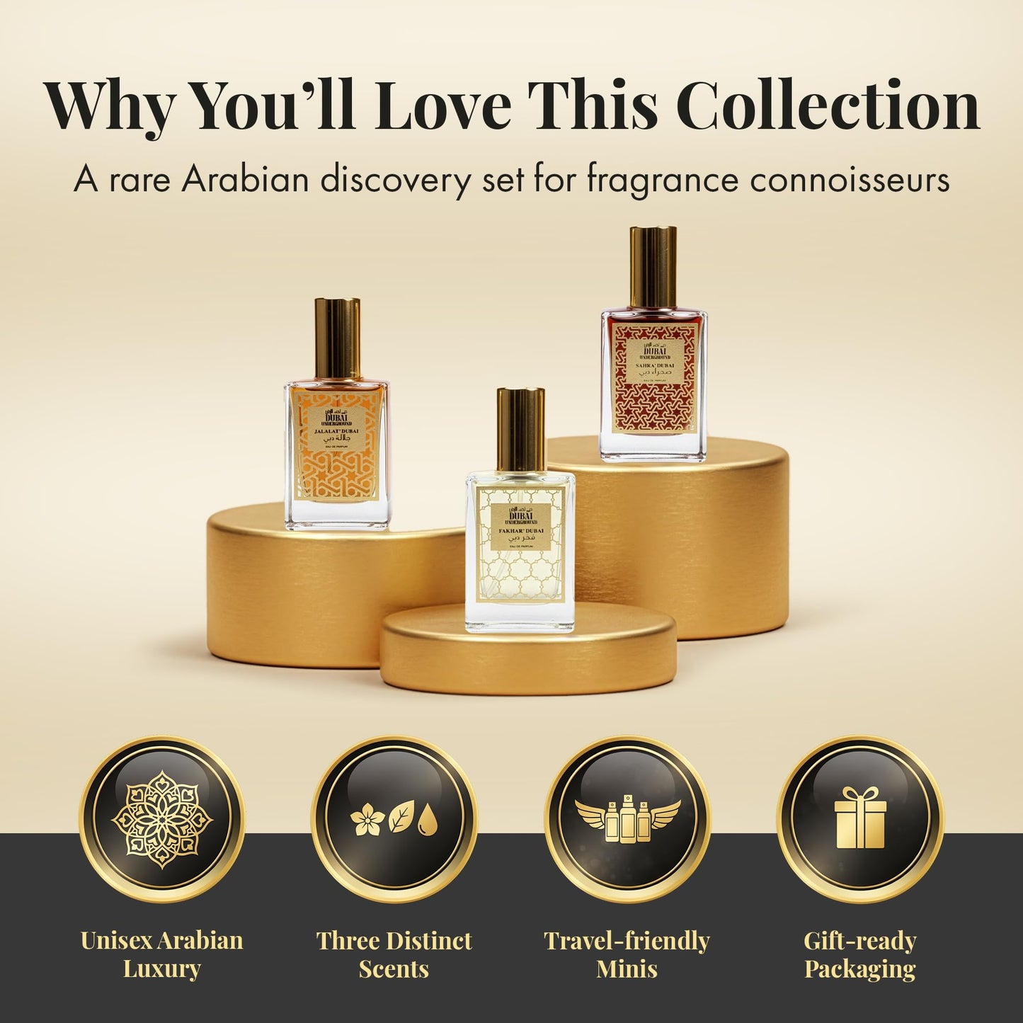 DUBAI UNDERGROUND 3PC Mini EDP Arabic Fragrance Collection | Unisex Discovery Set | Jalalat, Fakhar, Sahra | Luxurious Arabian Perfume Gift | Rare