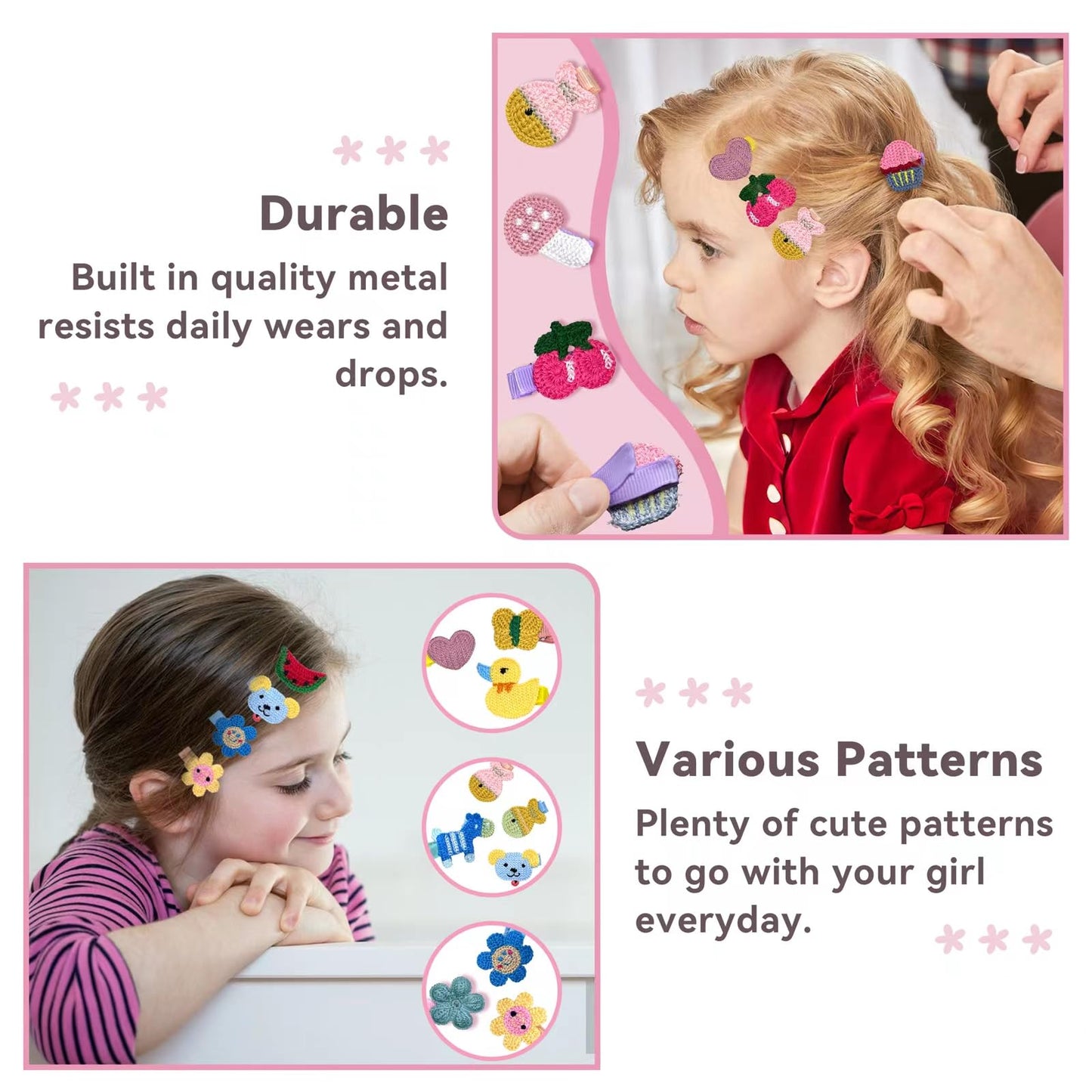 RIMOBUL 15 Pieces Girl Hair Clips Cute Barrettes Crocheted Hair Accessories Flower Fruit Animal Pattern Hair Clip Ice Cream Hair Clip for Girl,Heart