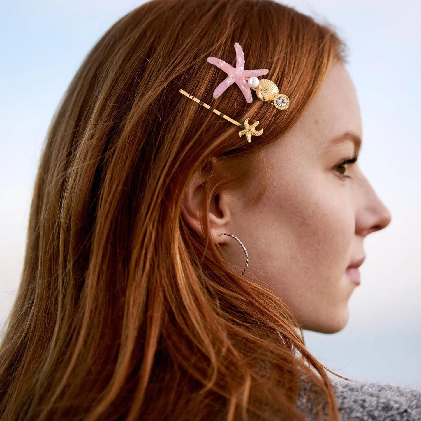 HINZIC 10 Pack Mermaid Starfish Hair Clips, Seashell Pearls Crystal Hair Sticks, Sparkling Sea Star Bobby Pins Ponytail Holder, Faux Wedding Headpiece