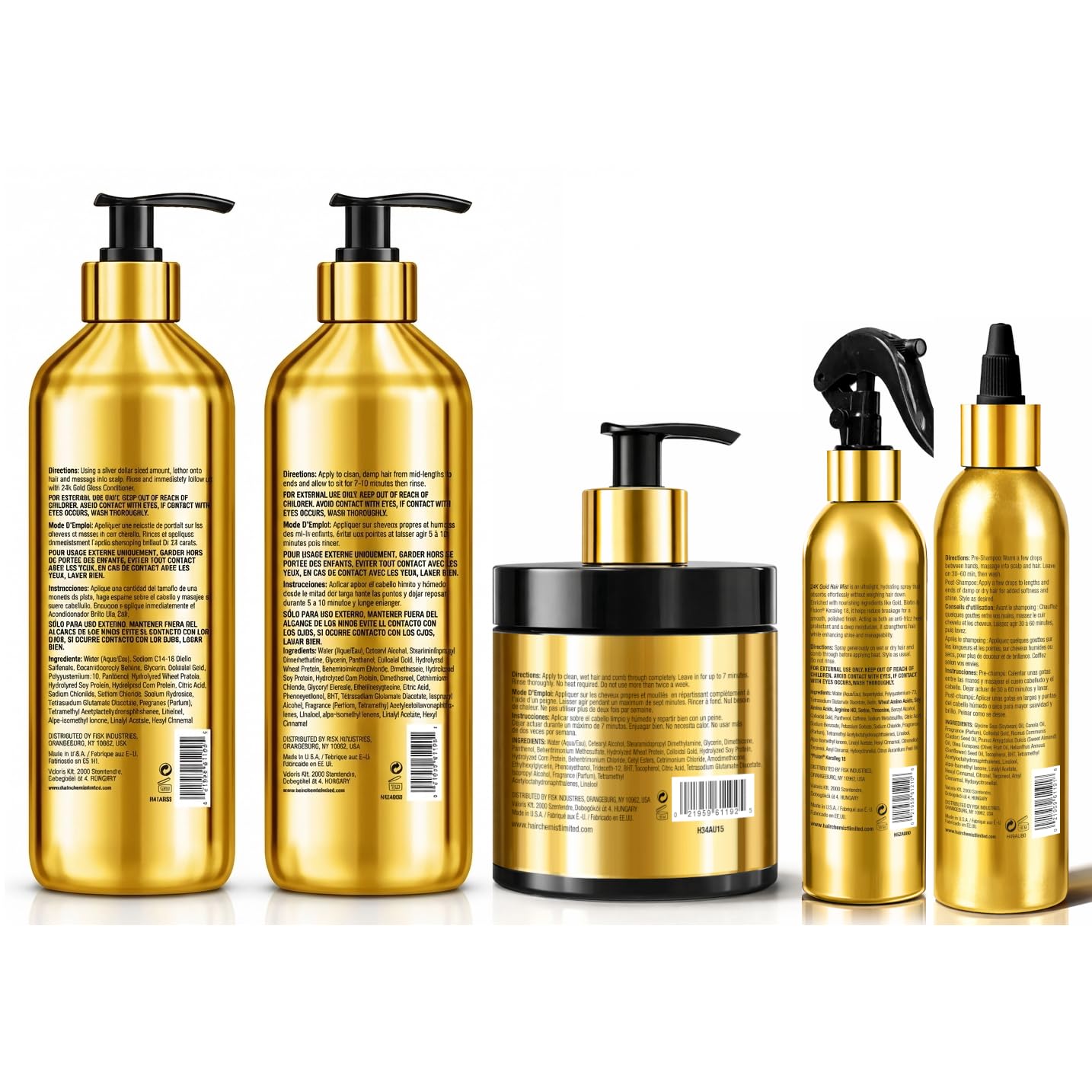 Hair Chemist 24K Gold 5-PC Complete Hair Care Set - Large Shampoo, Conditioner, Hair Oil, Hair Mist & Deep Hair Mask - Strengthening, Hydrating