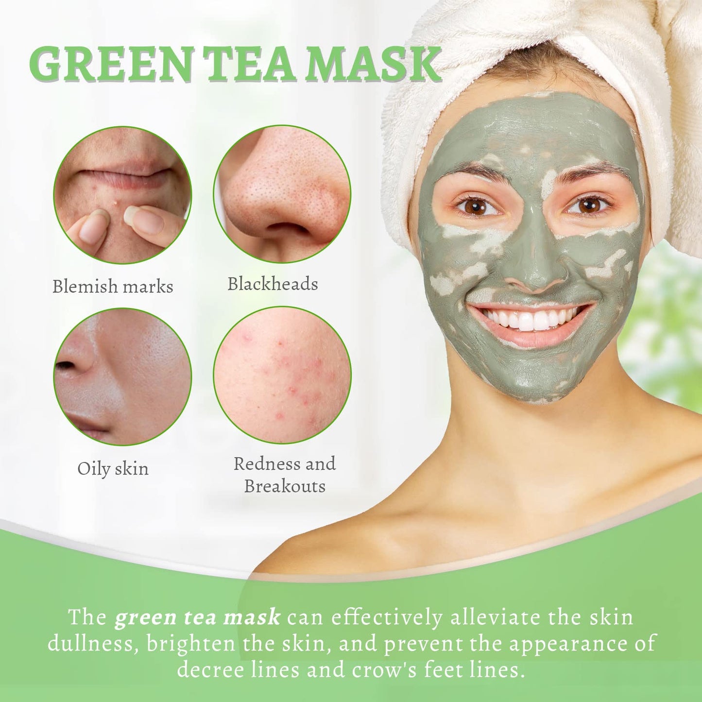 ANAI RUI Green Tea Mask, Clay Mask for Poreless Deep Cleanse, Green Tea Face Mask Blackhead Remover with Kaolin, Aloe, Collagen, Pore Minimizer