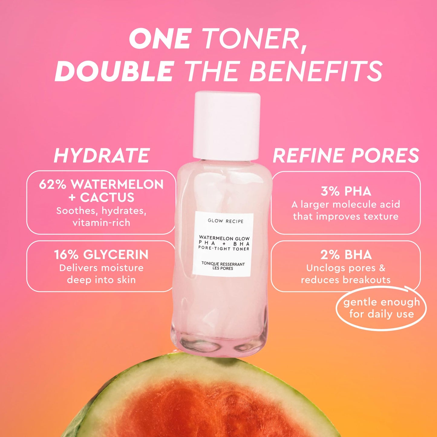 Glow Recipe PHA + BHA Face Toner, Korean Exfoliating Toner for Pores, Gentle Chemical Exfoliant + Hydrating Toner, Watermelon, Cactus Water + Glycerin