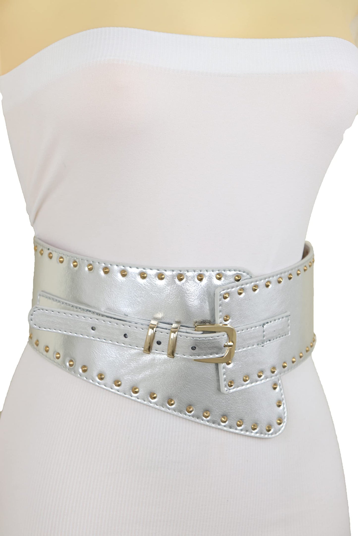 Women Wide Western Fashion Belt Hip Waist Silver Faux Leather Gold Metal Studs XS S