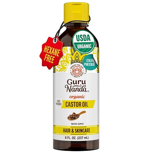 GuruNanda Castor Oil Organic USDA Certified (8 Fl oz) - 100% Pure & Natural, Cold Pressed & Hexane-Free, Hydrating Carrier Oil for Skin, Hair