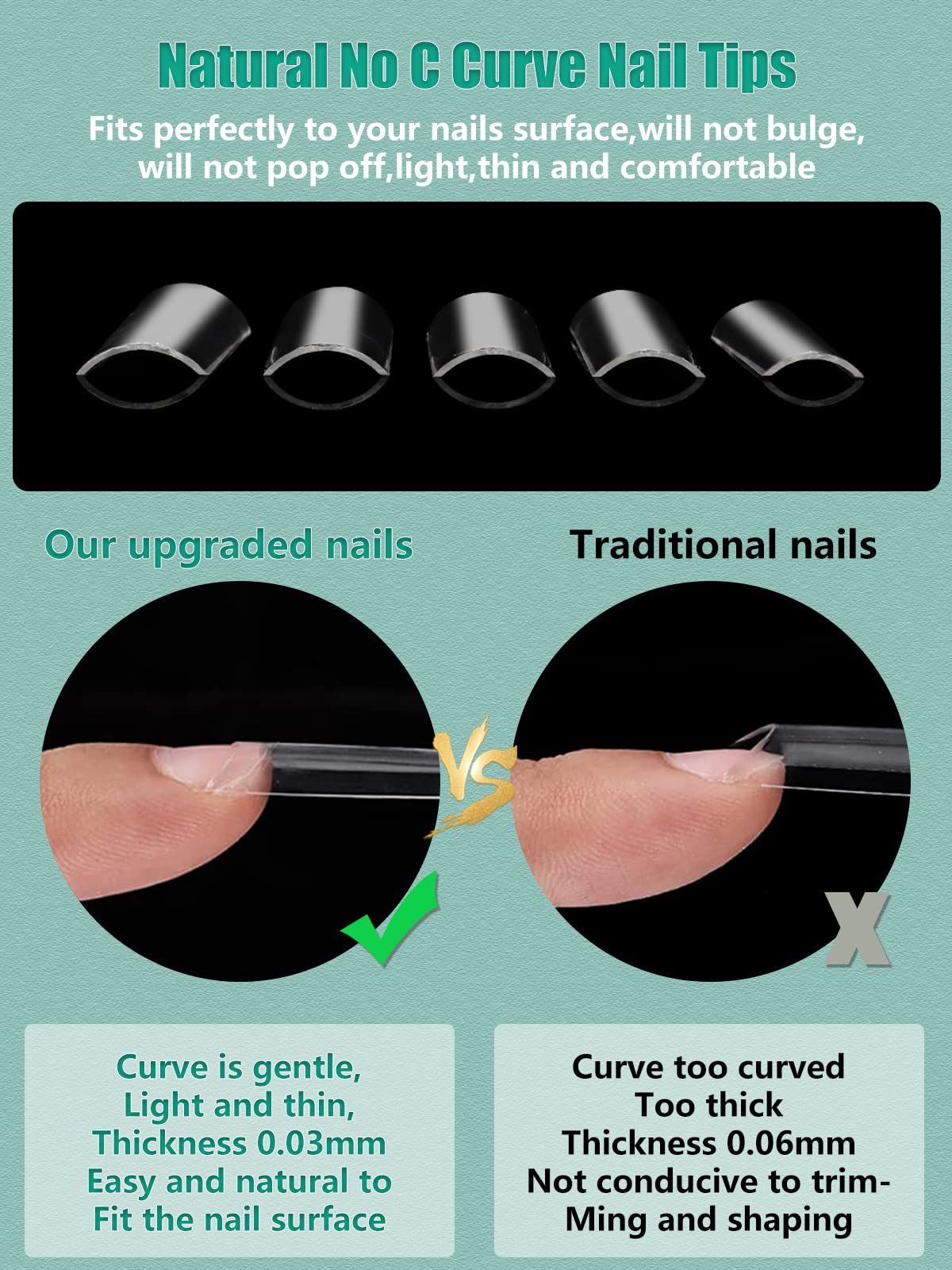 480PCS Extra Long NO C Curve Nail Tips XL, 2 Packs Natural and Clear Nail Tips for Acrylic Nails Professional Set, 12 Sizes Straight Tapered Square
