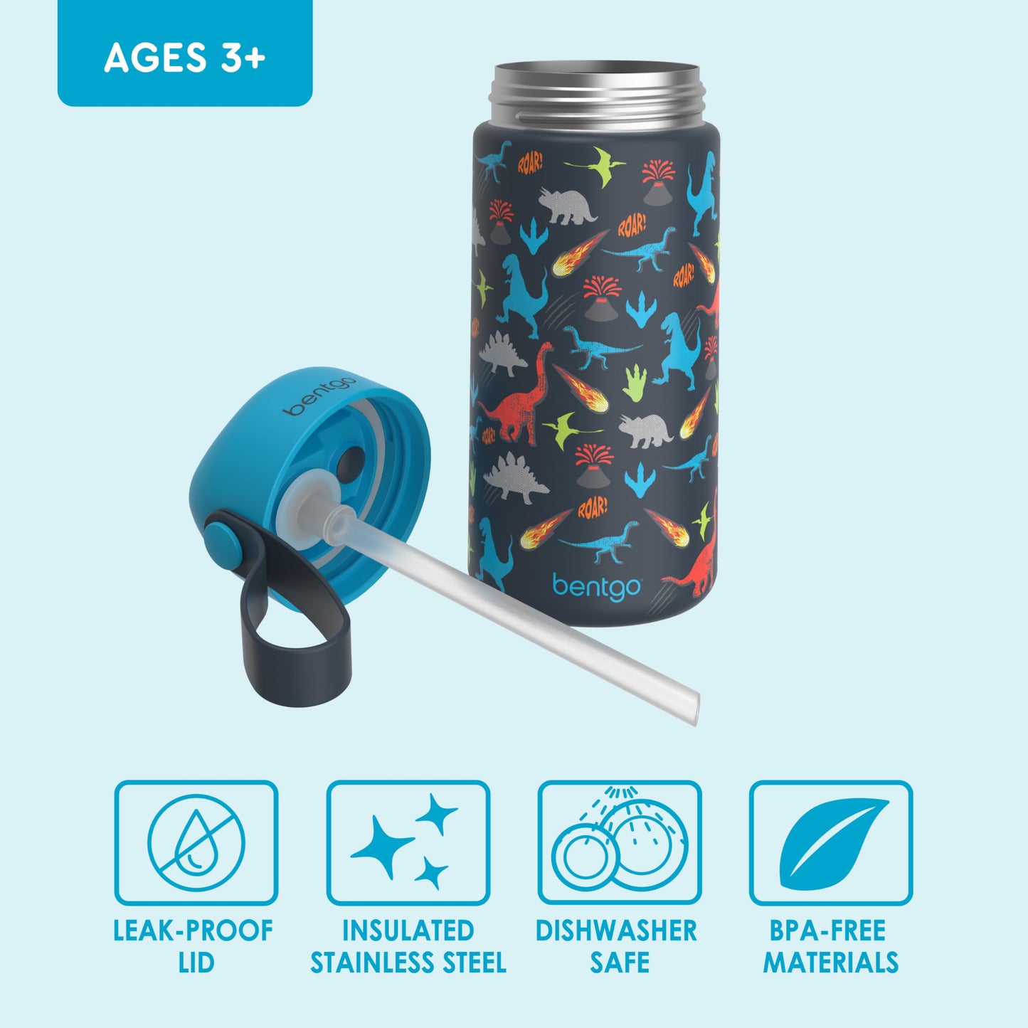 Bentgo® Kids Stainless Steel Insulated Water Bottle - Leak-Proof; Keeps Cool for 12 Hours; Durable, BPA-Free, Dishwasher Safe 14 oz. Cup for Ages 3+