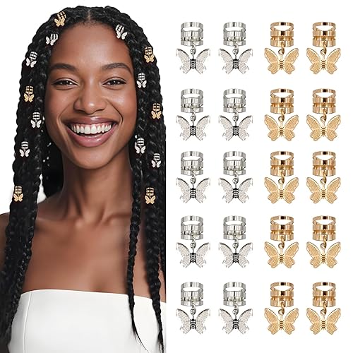 20Pcs Gold Silver Butterfly Cuffs for Women's Braids, Dreadlocks - Aluminum Rings, Adjustable Metal Clips, Hair Decorations