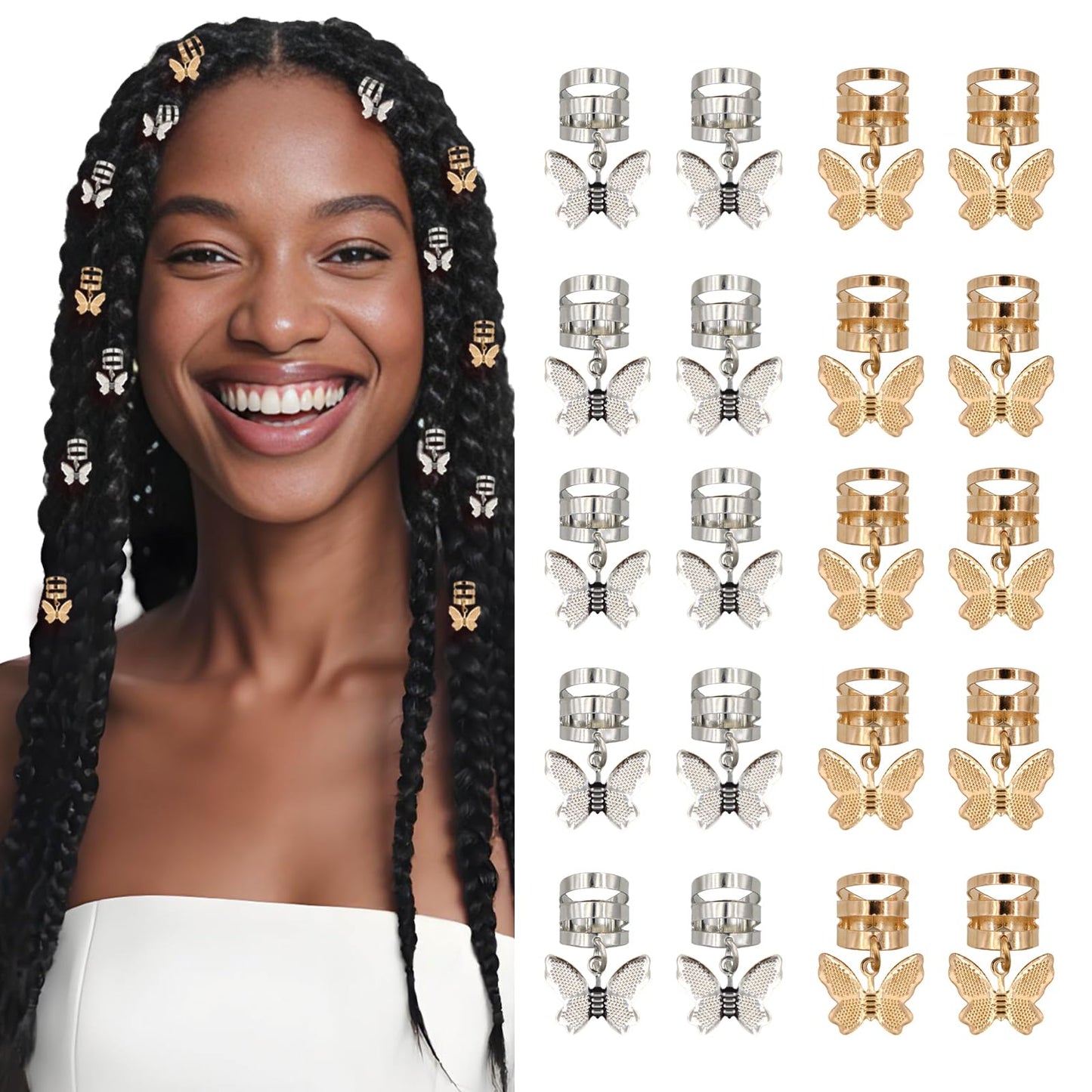 20Pcs Gold Silver Butterfly Cuffs for Women's Braids, Dreadlocks - Aluminum Rings, Adjustable Metal Clips, Hair Decorations