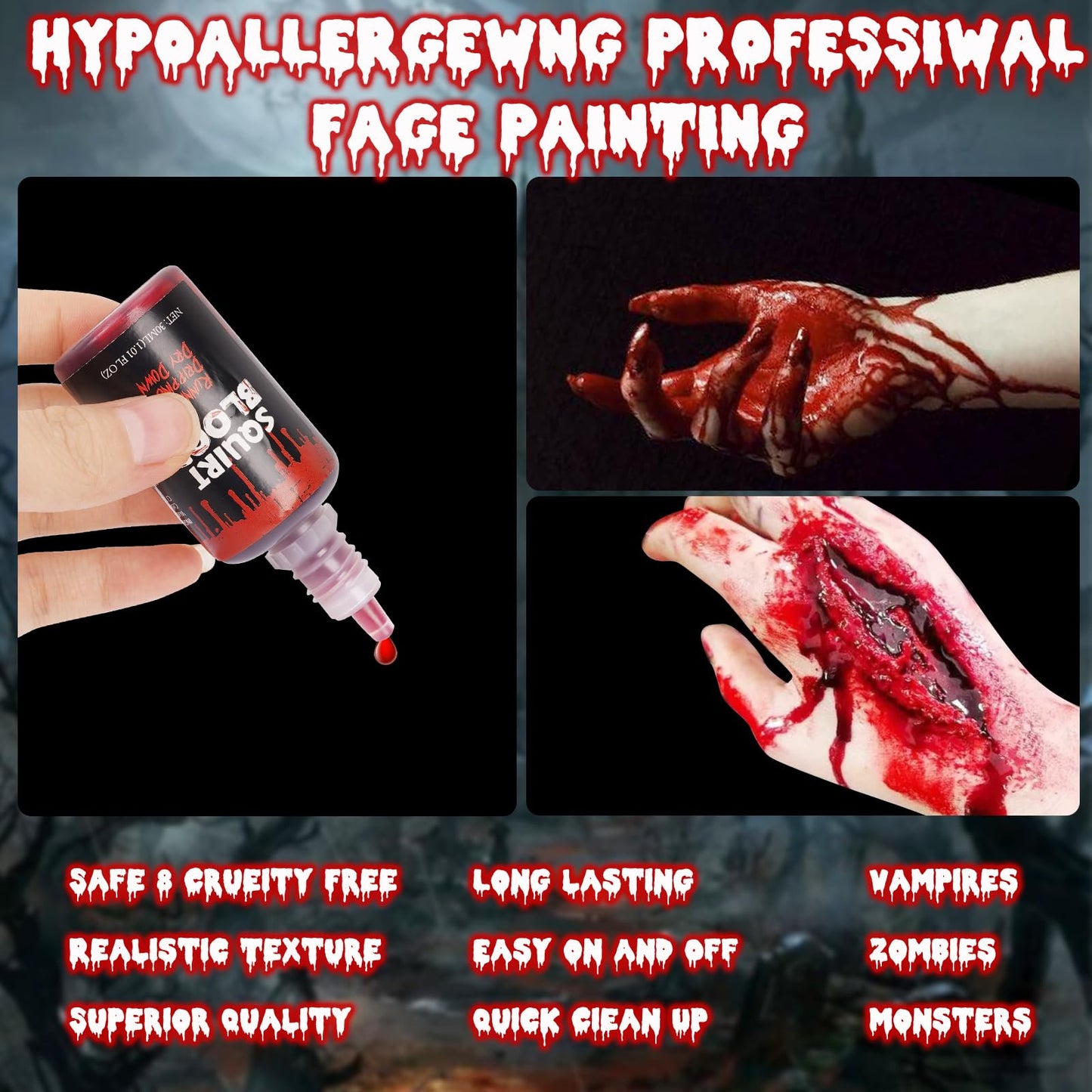Halloween Fake Blood for Squirt and Drip, Liquid for Clothes, Zombie, Vampire Monster SFX Makeup Face Body Paint