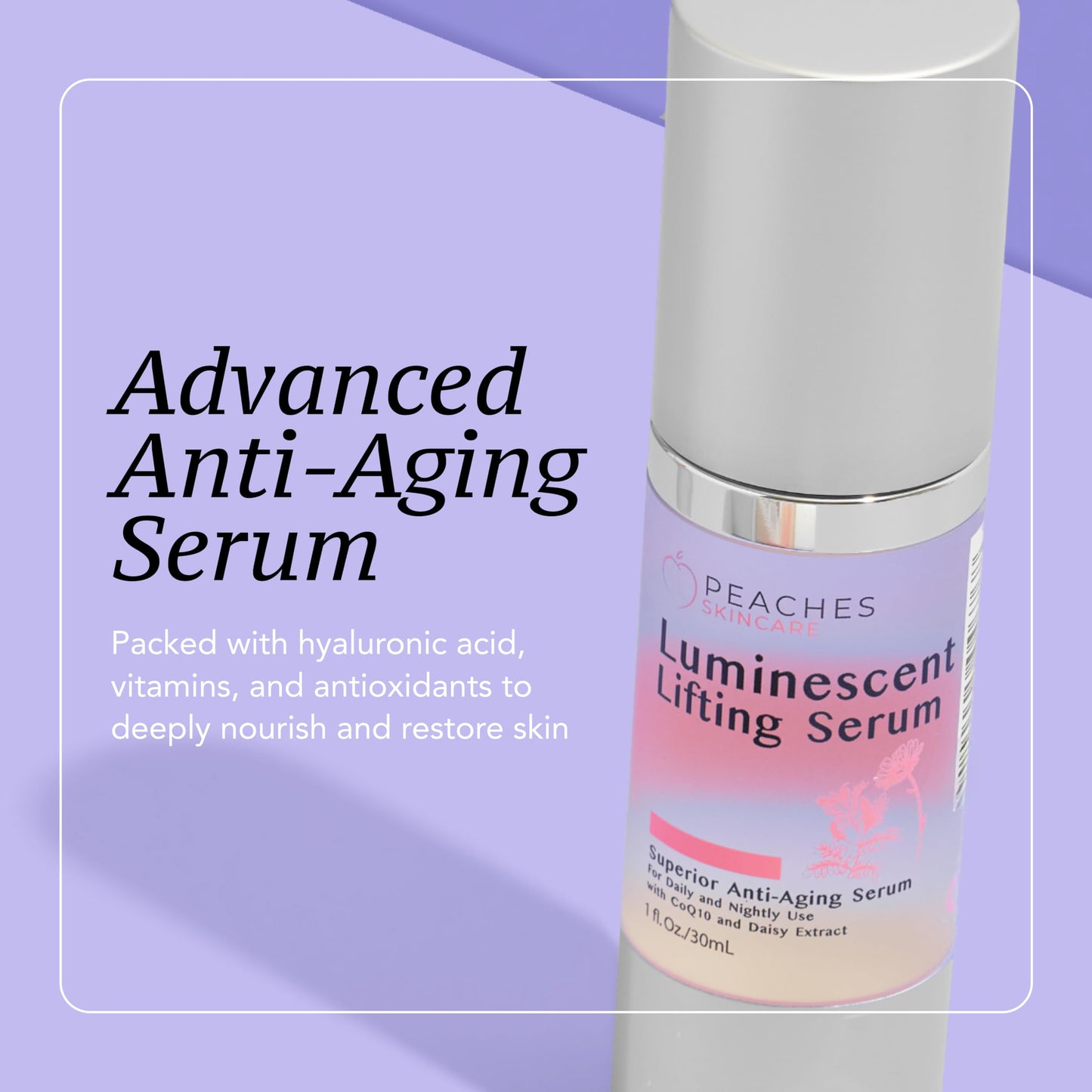 Peaches Skin Care Luminescent Lifting Serum - Hyaluronic Acid Formula with Peptides, Vitamin C and CoQ10 - Face Tightening and Lifting for Firmer Beauty & Personal Care Peaches Skin Care