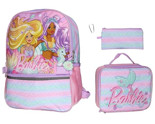 AI ACCESSORY INNOVATIONS Barbie Mermaids 5-Piece 16" Girls Backpack School Lunch Bag Set with Gadget Case Carabiner and Rubber Zipper Dangle