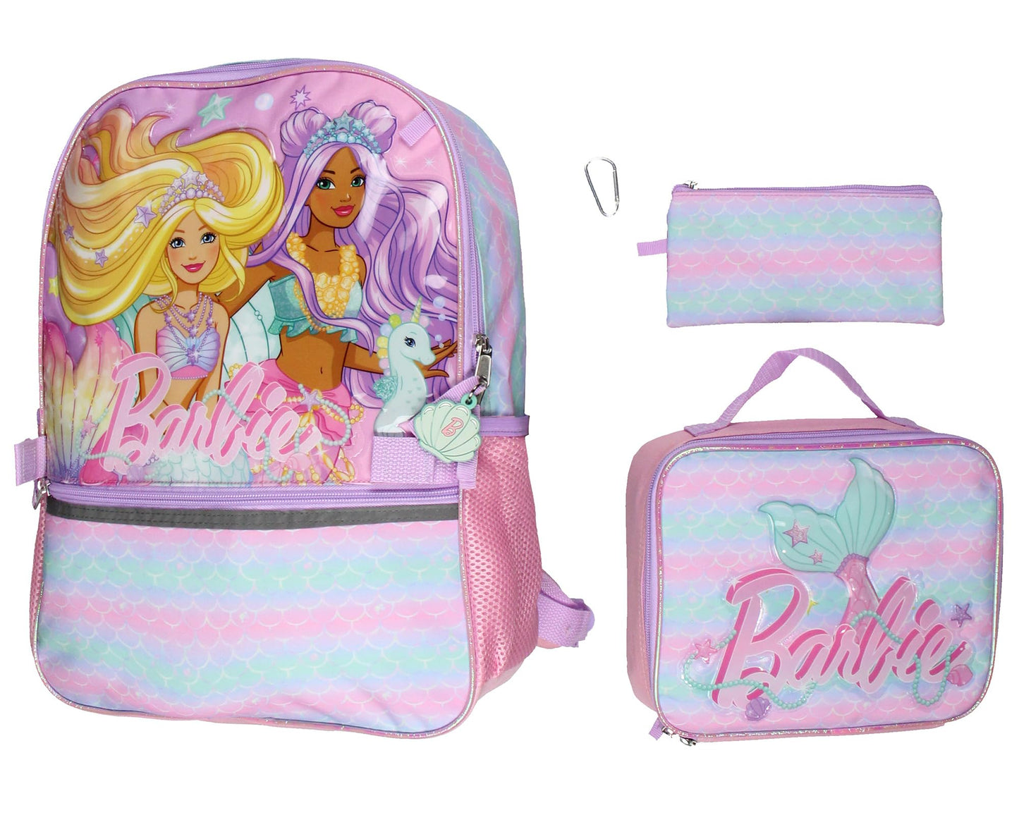 AI ACCESSORY INNOVATIONS Barbie Mermaids 5-Piece 16" Girls Backpack School Lunch Bag Set with Gadget Case Carabiner and Rubber Zipper Dangle