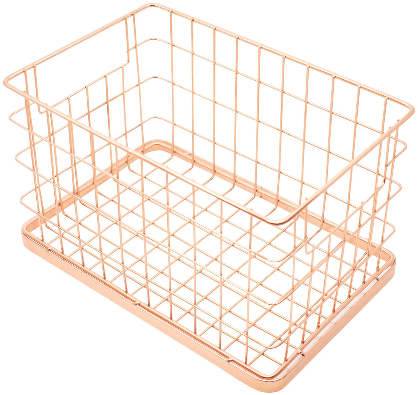 Set of 2 Stackable 10" Metal Wire Storage Basket Bins With Handles (Rose Gold Wide Mesh Base)