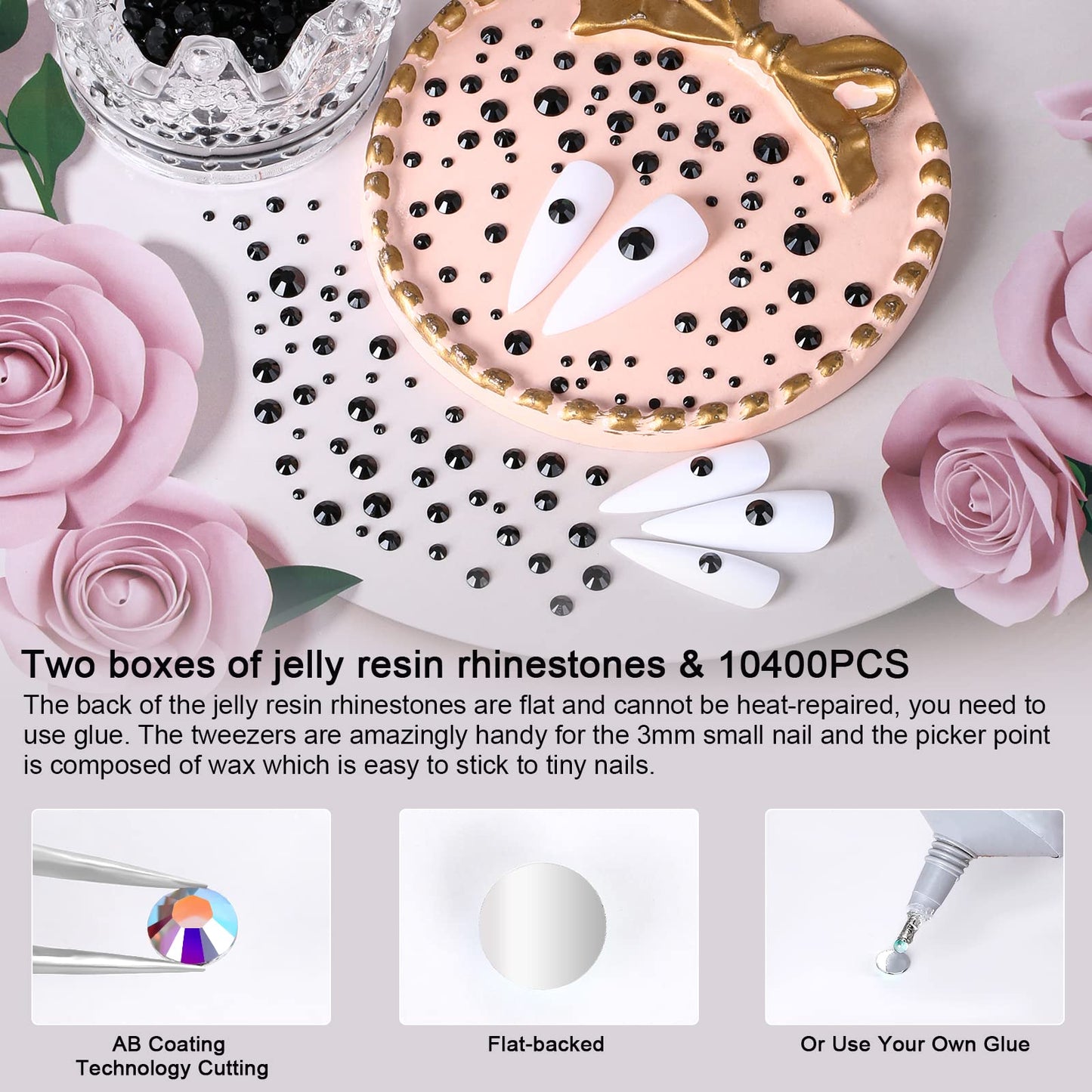 QPRETTY DU 10400 Black Rhinestones, Jelly Resin Crystals for Nails, Flatback Non Hotfix DIY Crystals with 15 cm Pencil Sharpener and Tweezer & Picker