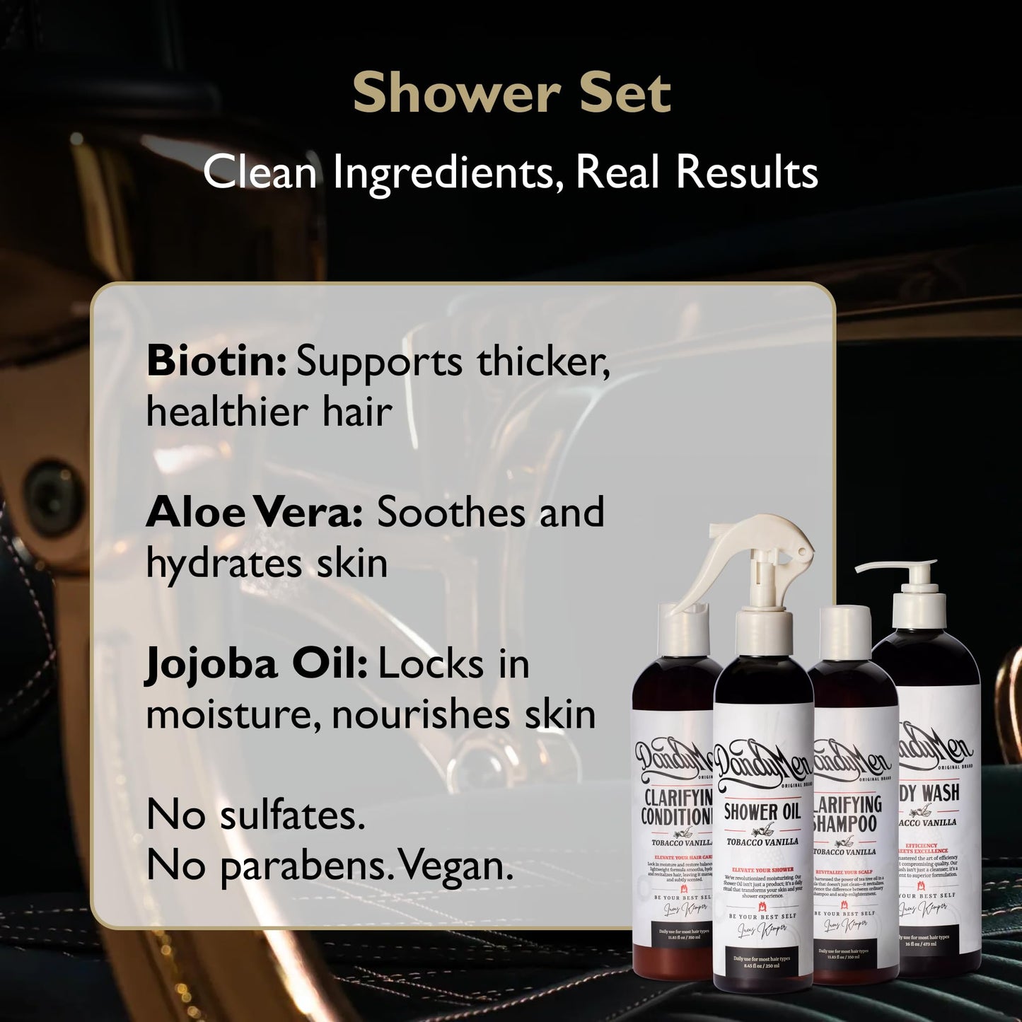DandyMen Men’s Shower Set - Shampoo, Conditioner, Body Wash & Shower Oil - Cleansing & Moisturizing Grooming Kit for Hair & Skin (Tobacco Vanilla)