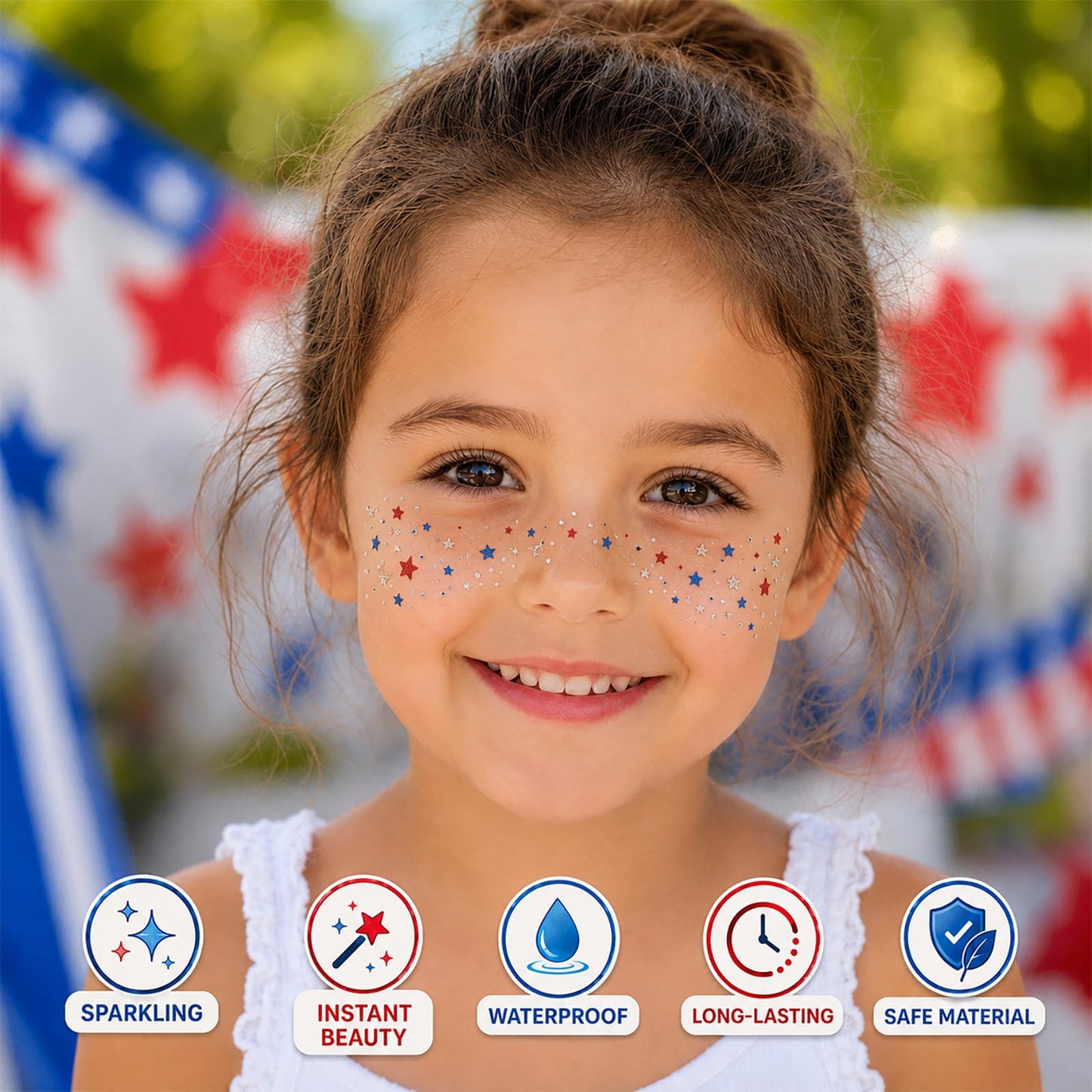 Artlunar 8 Pcs Red White Blue Star Freckle Stickers with Silver Glitter Powder for Face, 4th of July Glitter Face Stickers for Women Kids, Patriotic