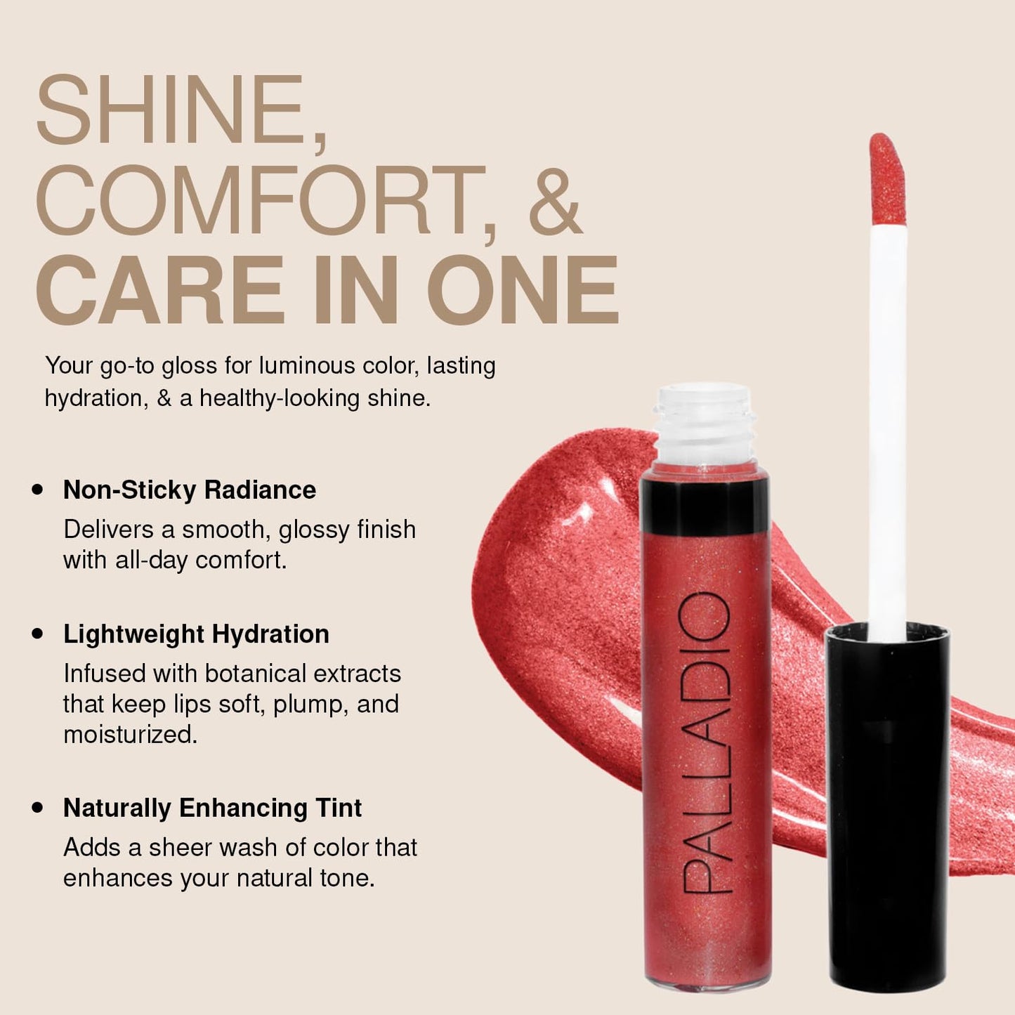 Palladio Lip Gloss, Champagne, Non-Sticky, Contains Vitamin E and Aloe, Offers Intense Color and Moisturization, Minimizes Lip Wrinkles, Softens Lips
