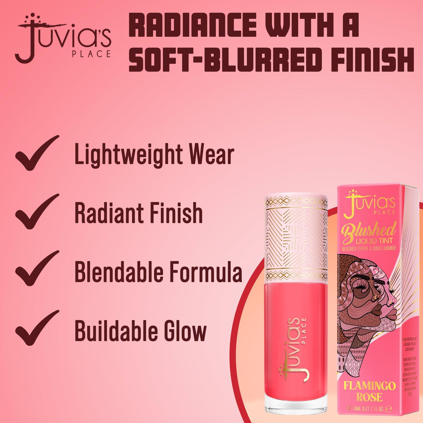 Juvia's Place Blushed Liquid Tint - Flamingo Rose - Lightweight Liquid Blush, Radiant Dewy Finish, Buildable Formula with Vitamin E, Long-lasting