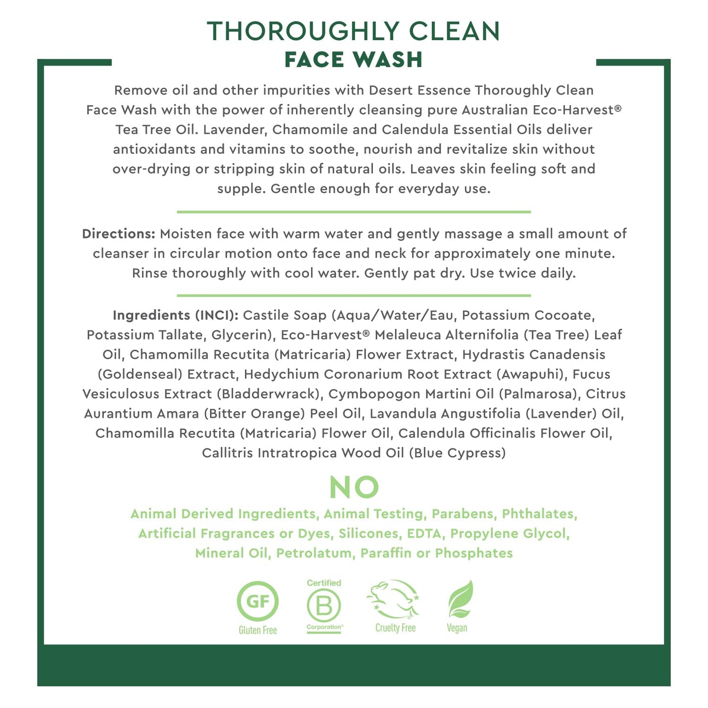 Desert Essence Thoroughly Clean Face Wash with Tea Tree Oil - Natural Facial Cleanser with Castile Soap & Coconut Oil - For Oily & Sensitive Skin