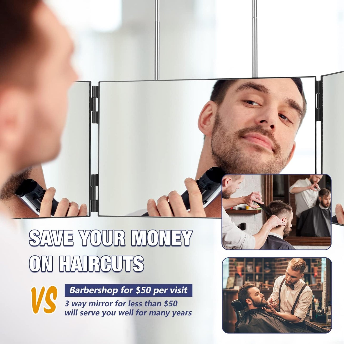 Dripex 3 Way Mirror for Men or Women, 360° Trifold Self Haircut Mirror with Height Adjustable Hooks, for Makeup, Styling, Shaving, Braiding, Dye Hair