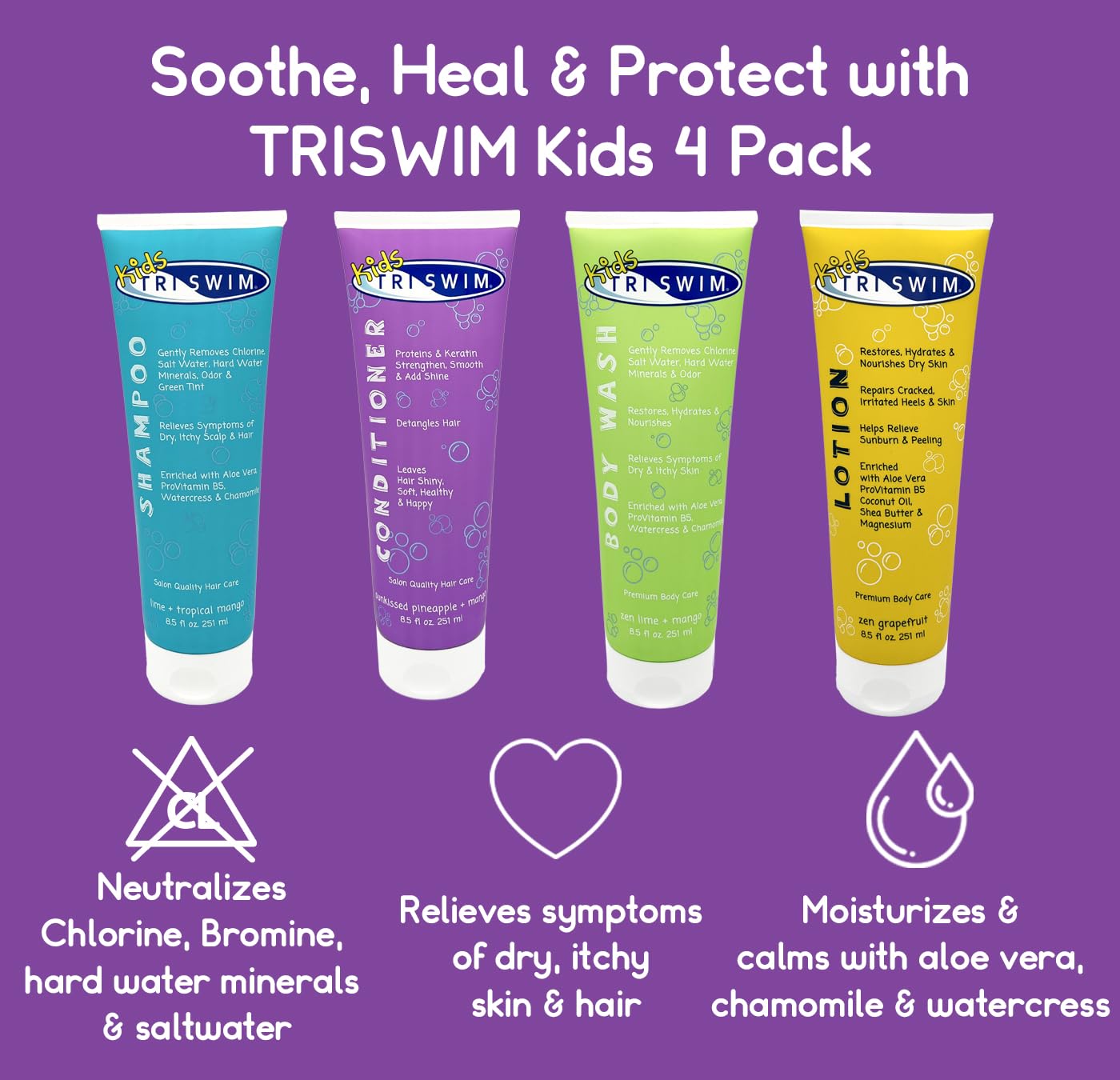 TRISWIM Kids After Swim Value Pack of 4 Travel Mesh Bag + Swim Care Chlorine Removal Body Wash + Swimming Lotion + Swim Shampoo and Conditioner 8.5 fl