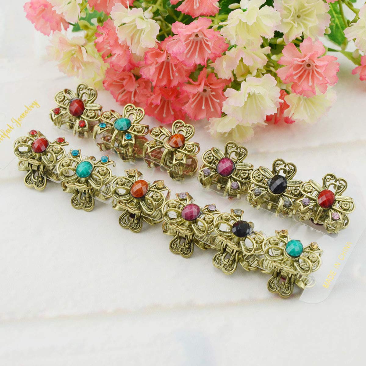 12PCS Vintage Chic Metal Alloy Rhinestone Mini Fancy Hair Claw Jaw Clips Pins for Women Lady