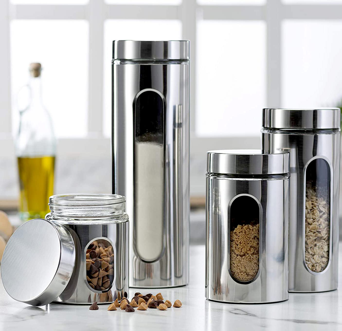 Quality 4pc Stainless Steel Canister Set for Kitchen Counter with Glass Window & Airtight Lids, Food Storage Containers, Pantry Storage…