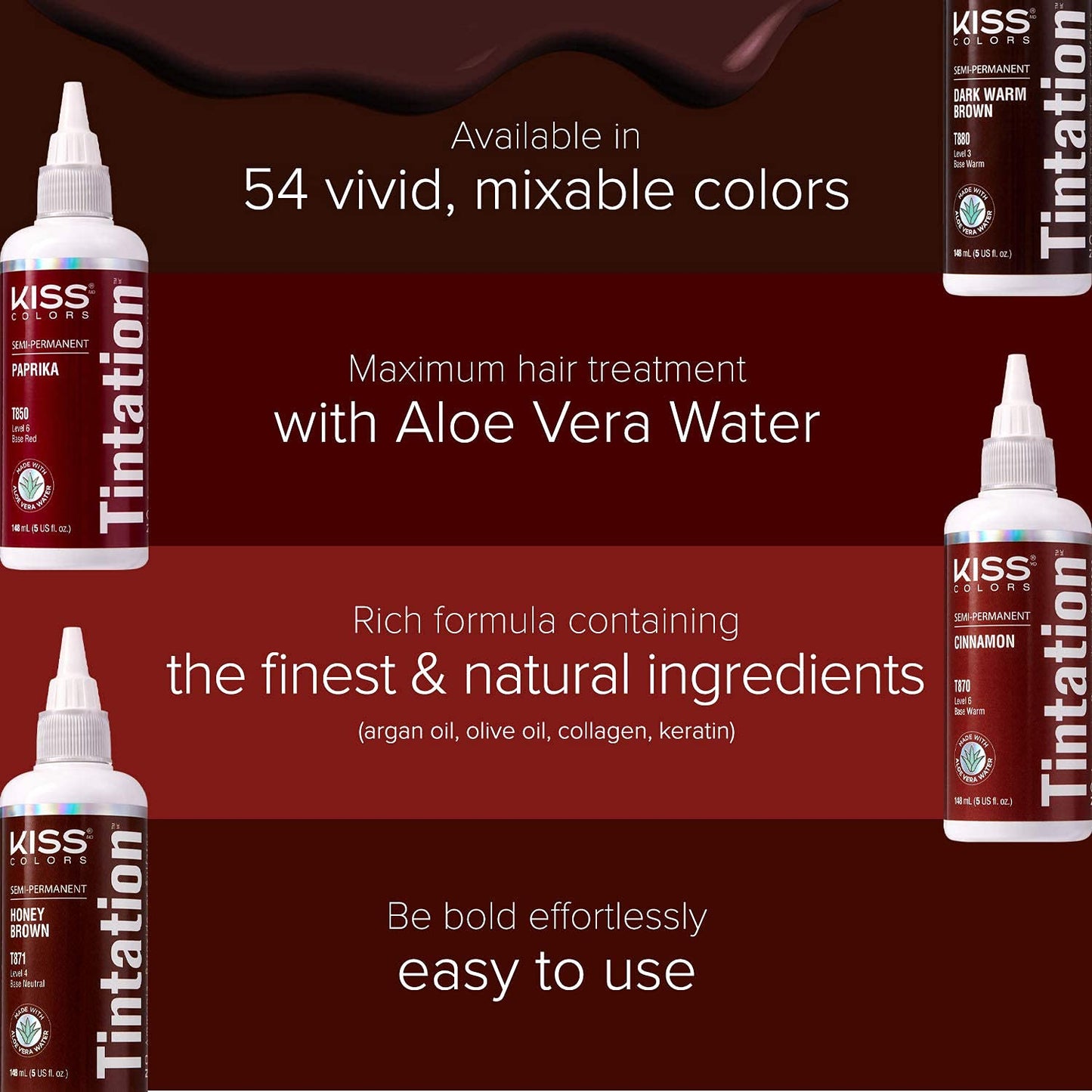 Red by Kiss Tintation Semi-Permanent Hair Color, Aloe Vera Water Based, Argan Oil, Olive Oil, Collagen & Keratin, Long-Lasting Color Dye (Cinnamon, 5