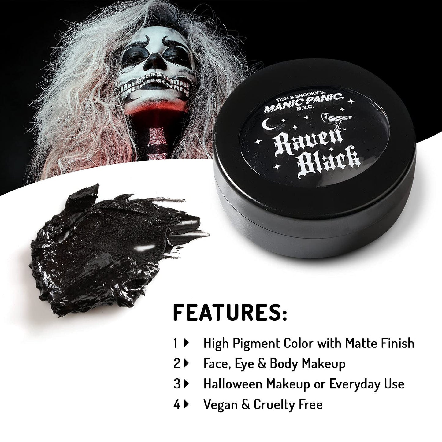 MANIC PANIC Raven Black Face Paint - Black Makeup for Face, Eyes & Body - High Pigment Body Paint with Matte Finish - Halloween, Cosplay & Stage
