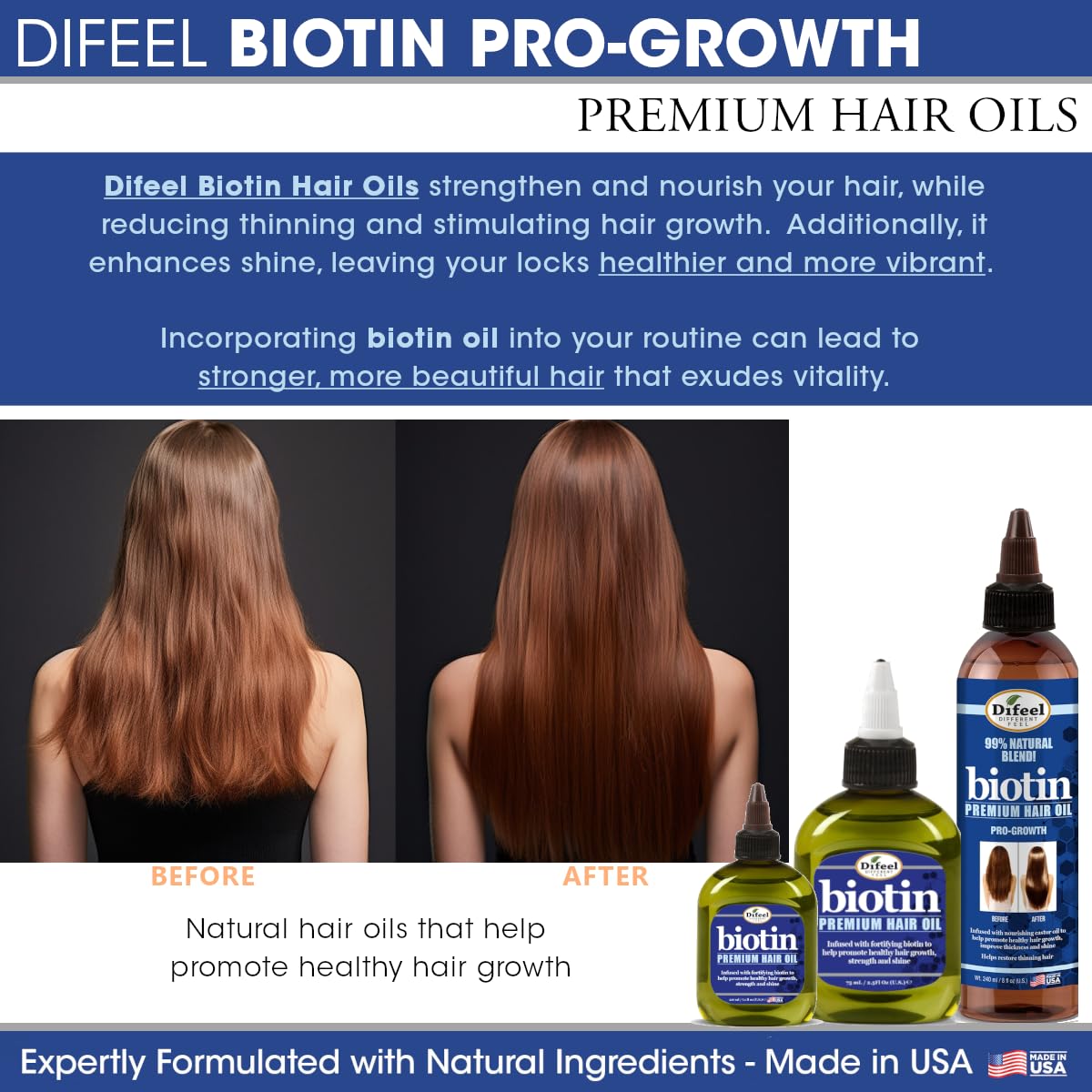 Difeel Pro-Growth Biotin Shampoo 4-PC Set- Includes Biotin Shampoo 33.8 oz, Leave-in Conditioning Spray 6oz, Hair Mask 12 oz AND Biotin Hair Oil