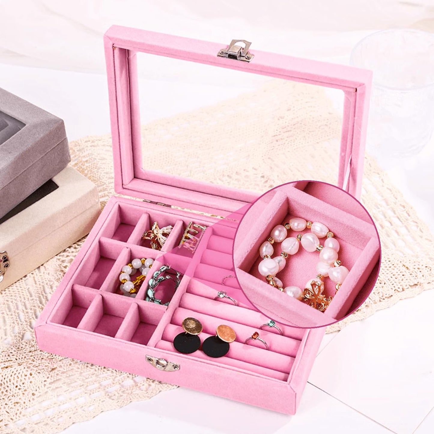 XINHONGJIN Velvet Jewelry Box, Jewelry Box, Watch Storage Box Necklace Ring Earring Storage with Lid, Antioxidant, Adjustable (pink)