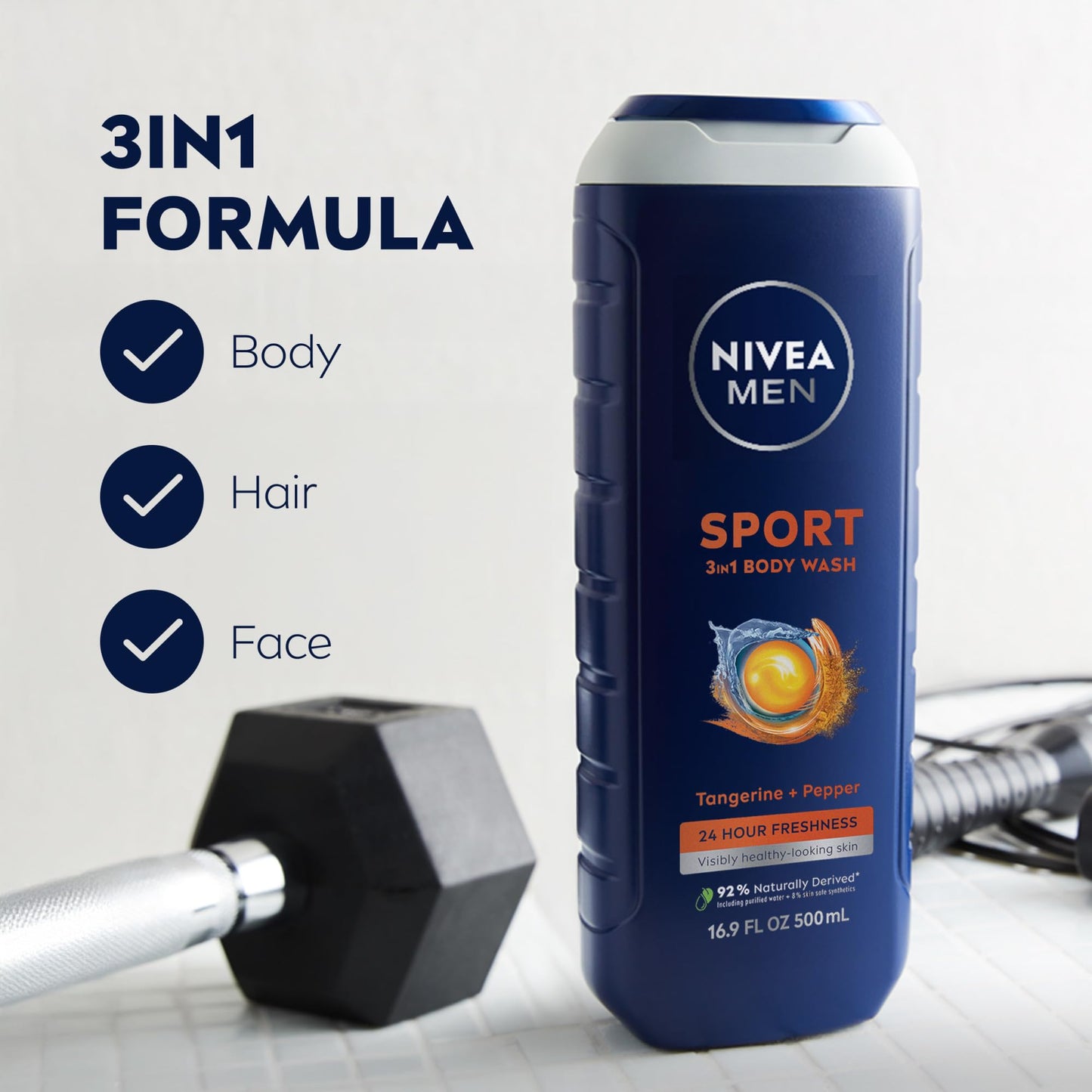 NIVEA MEN Sport Body Wash with Revitalizing Minerals, Tangerine and Pepper Scent, 3-in-1 Men's Body Wash, Face and Hair, Paraben Free, Vegan Formula