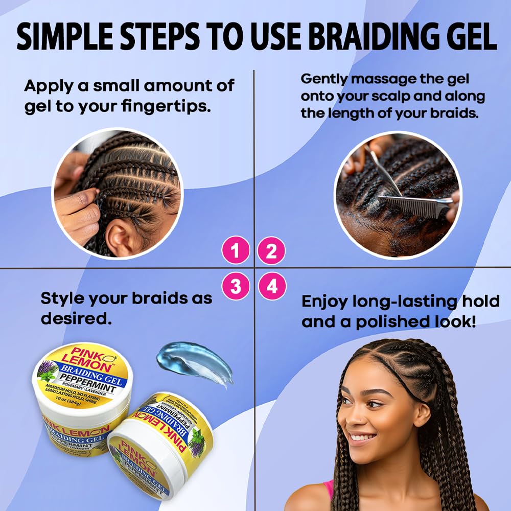 PINK LEMON Braiding Gel Peppermint - Maximum Hold, No Flaking, Long Lasting Hold, High Shine. For Micro, Inter, Dread, Faux, Loc, Twist, Braid, Edge