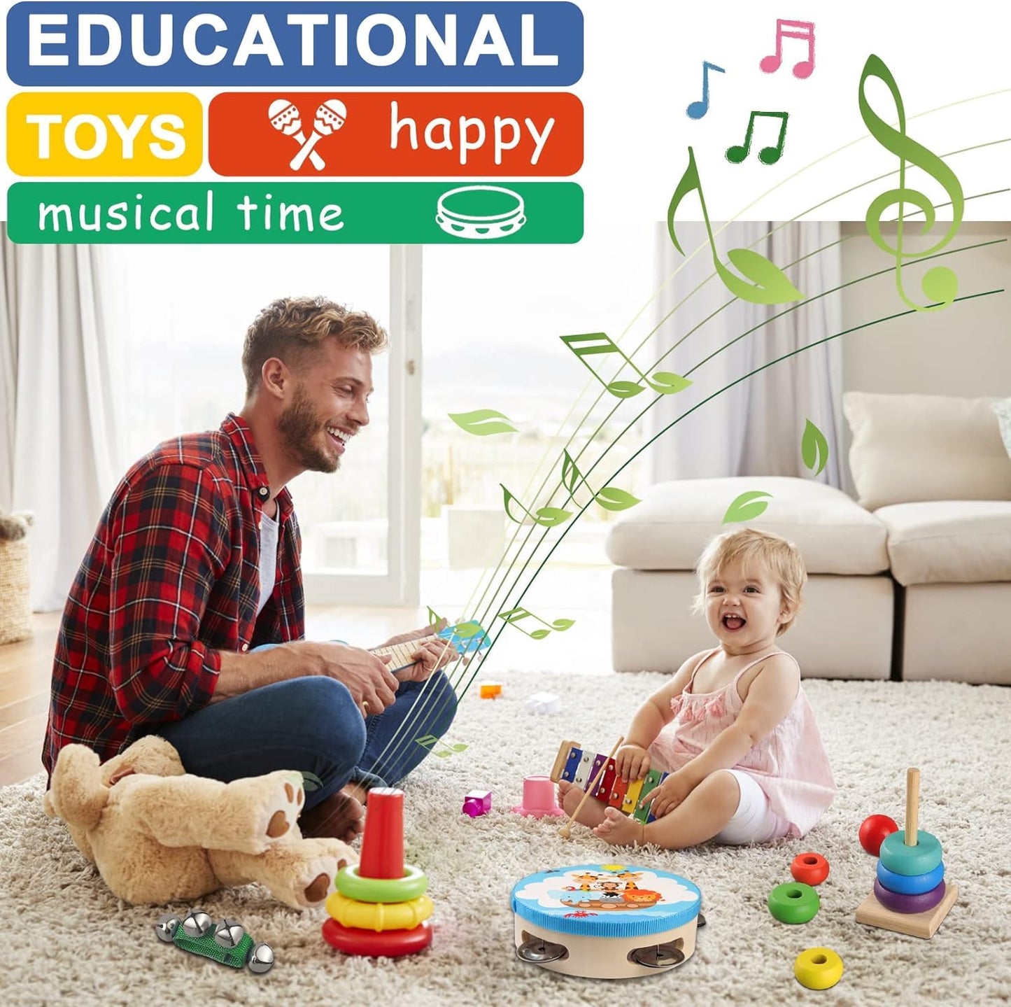 LOOIKOOS Toddler Musical Instruments – Wooden Percussion Set with Carrying Bag, Educational Music Toys for Preschool Kids, Boys & Girls