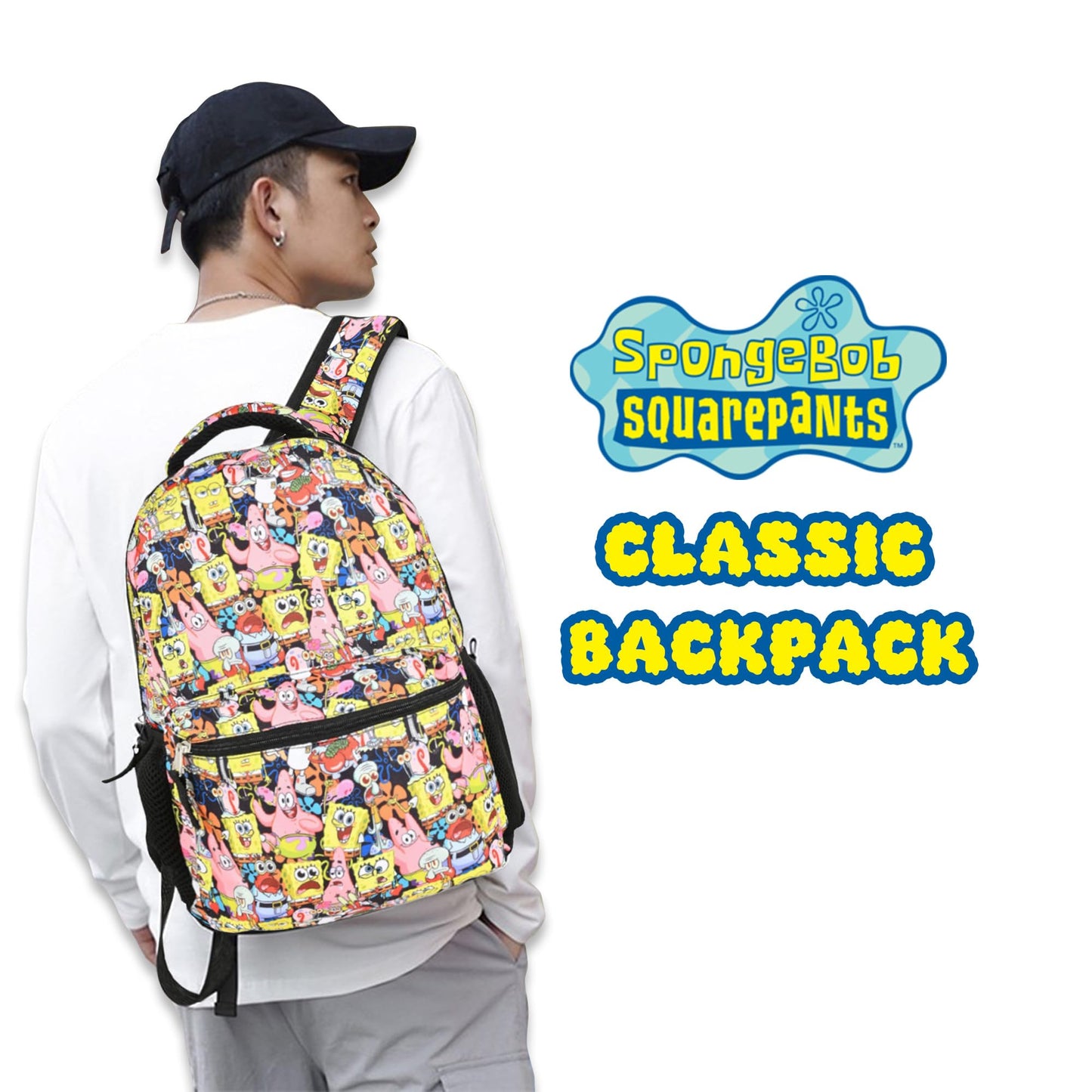 Nickelodeon SpongeBob Backpack for Kids - Officially Licensed SpongeBob SquarePants, Mr. Krabs, Squidward, Plankton Bookbag for Boys and Girls Kids and Adults - Laptop and Lunchbox Compartment