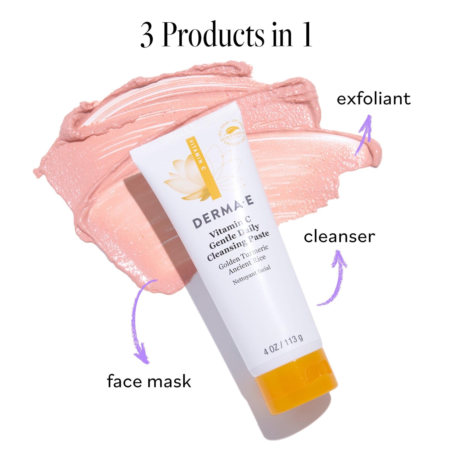 Derma E Vitamin C Gentle Daily Cleansing Paste, 4.0 Oz, Vitamin C Face Mask or Facial Wash with Turmeric, Brightening and Clarifying Facial Mask