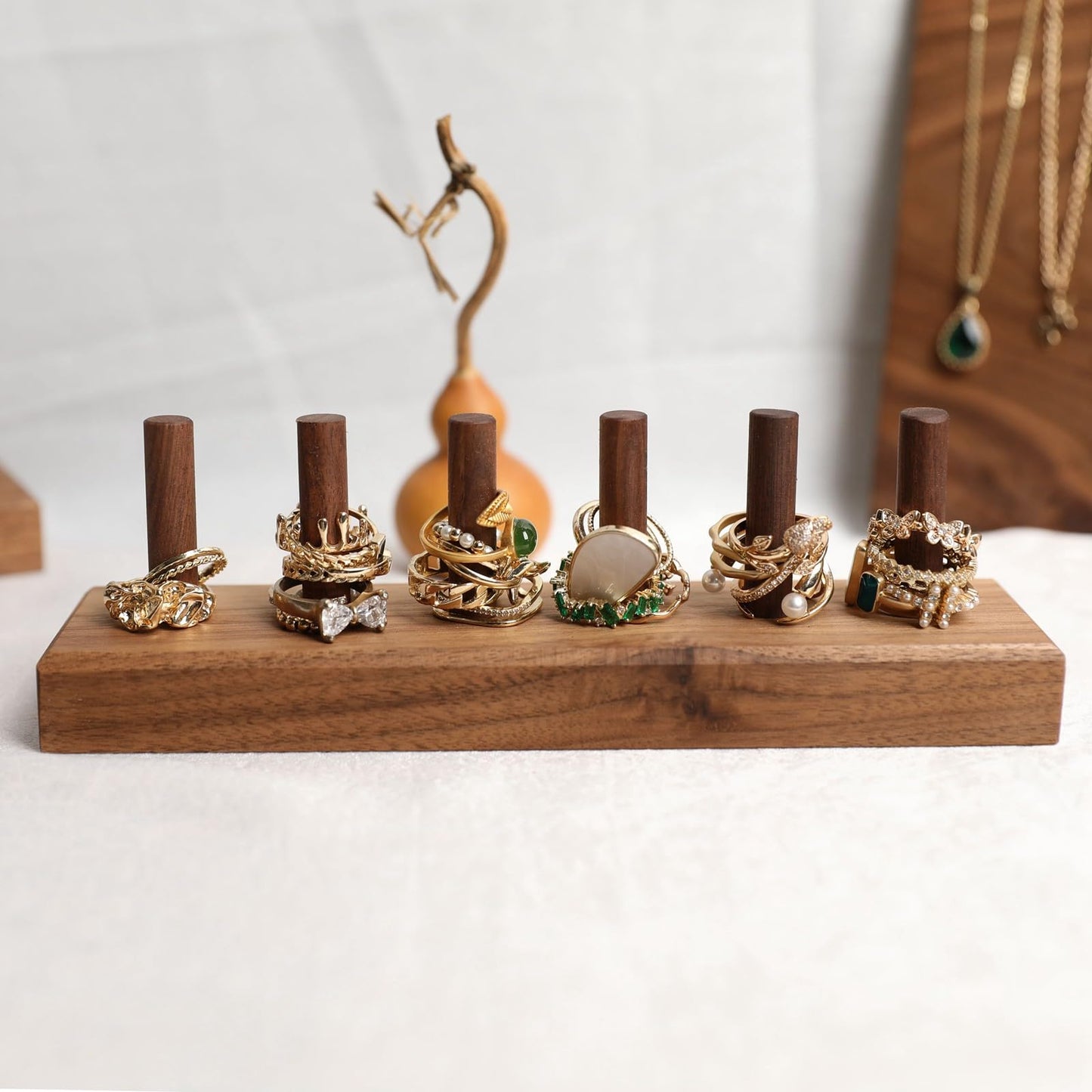 GemeShou wood ring storage jewelry organizer for woman, jewelry ring holder with 6 cones for jewelry selling, cute small ring display stand【Ring…